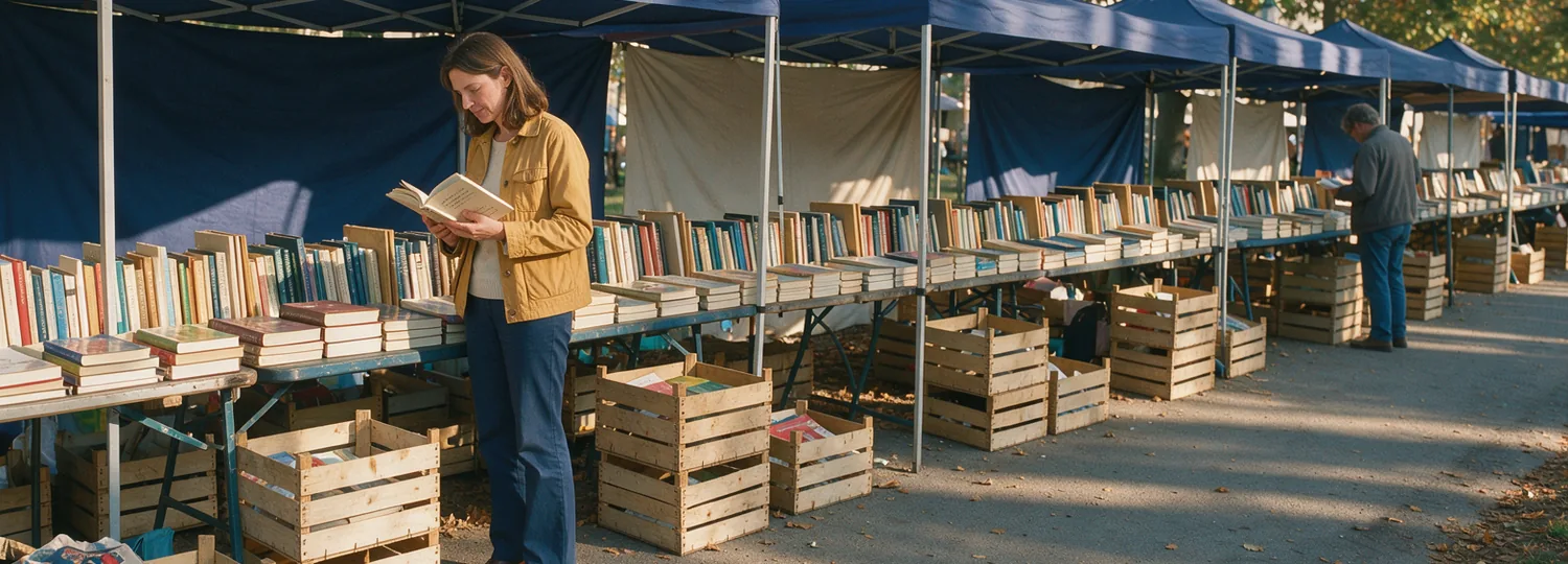 An adult reads beside a market table while a second visitor explores a separate section farther away.
