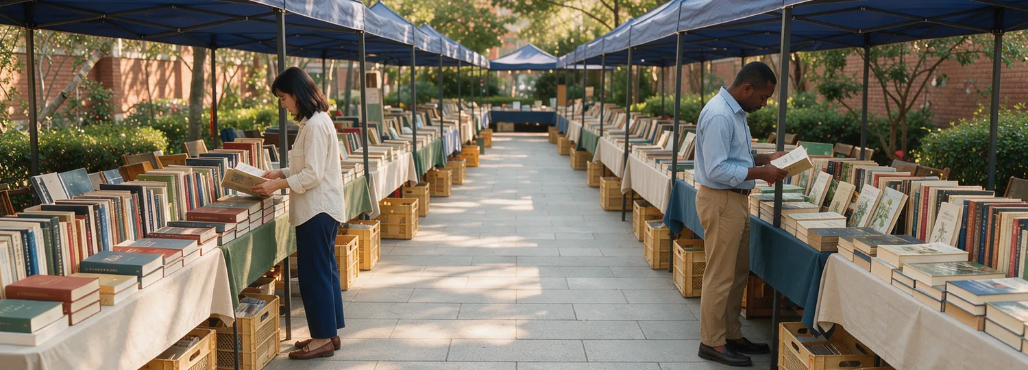 A spacious book-market aisle separates two adults browsing under indigo shade.